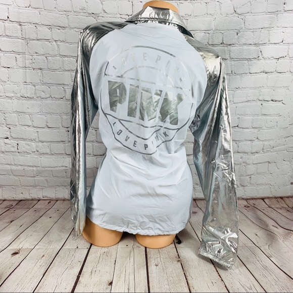 VS PINK Snap Front Coach Jacket White / Silver - Picture 6 of 8